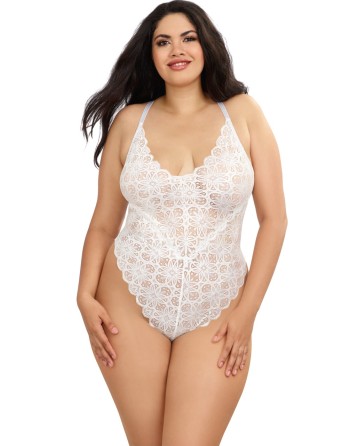 Body string grande taille blanc échancré dentelle avec jupe de maille transparente amovible - DG10996XWHT