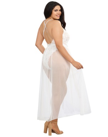 Body string grande taille blanc échancré dentelle avec jupe de maille transparente amovible - DG10996XWHT